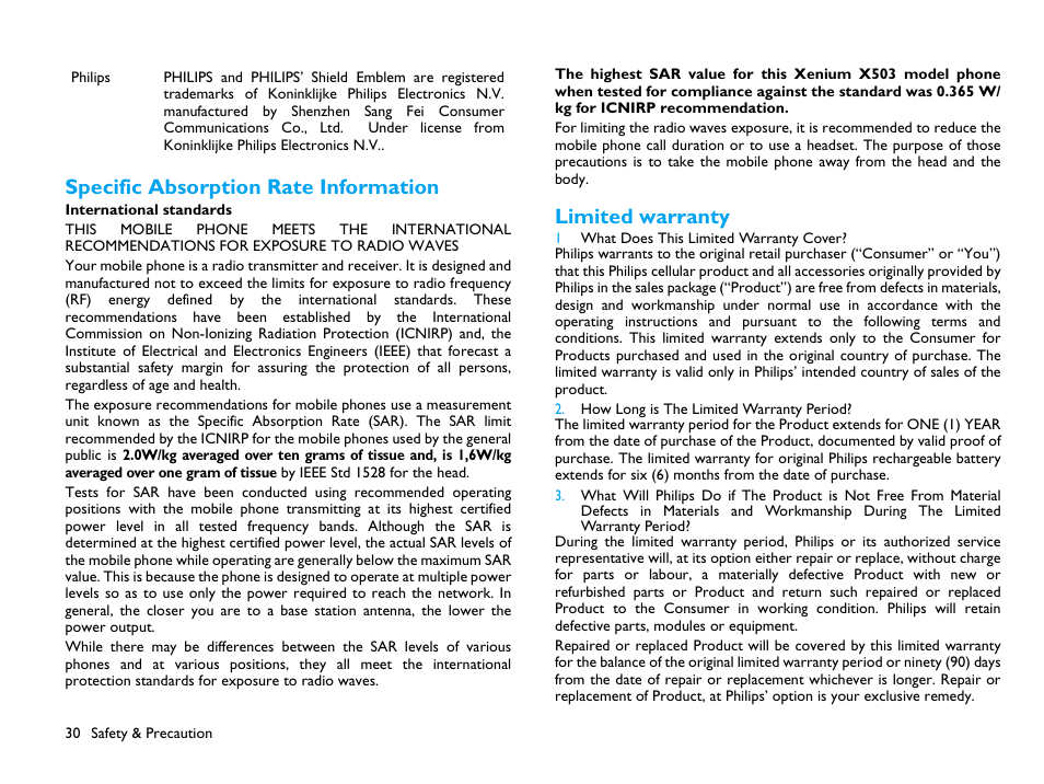Specific absorption rate information, Limited warranty, 30 limited warranty | Philips CTX503WHT/00 User Manual | Page 31 / 34