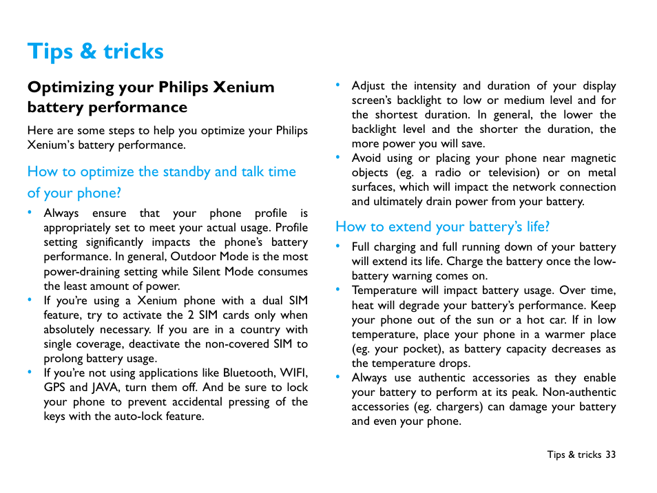 Tips & tricks, Optimizing your philips xenium battery performance, How to extend your battery’s life | Philips CTX503WHT/00 User Manual | Page 34 / 34