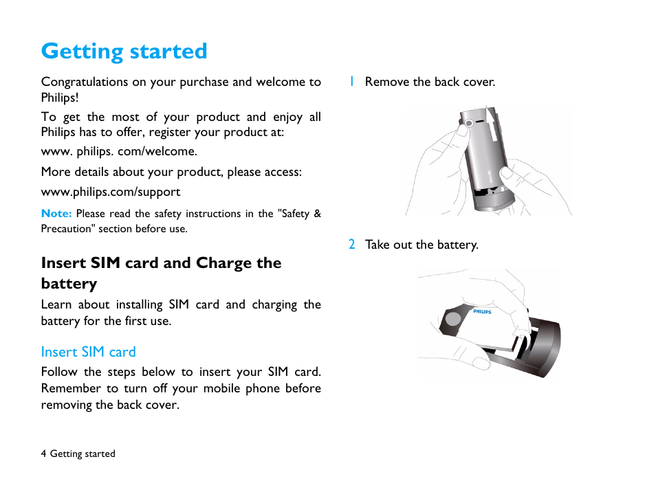 Getting started, Insert sim card and charge the battery, Insert sim card | Philips CTX503WHT/00 User Manual | Page 5 / 34