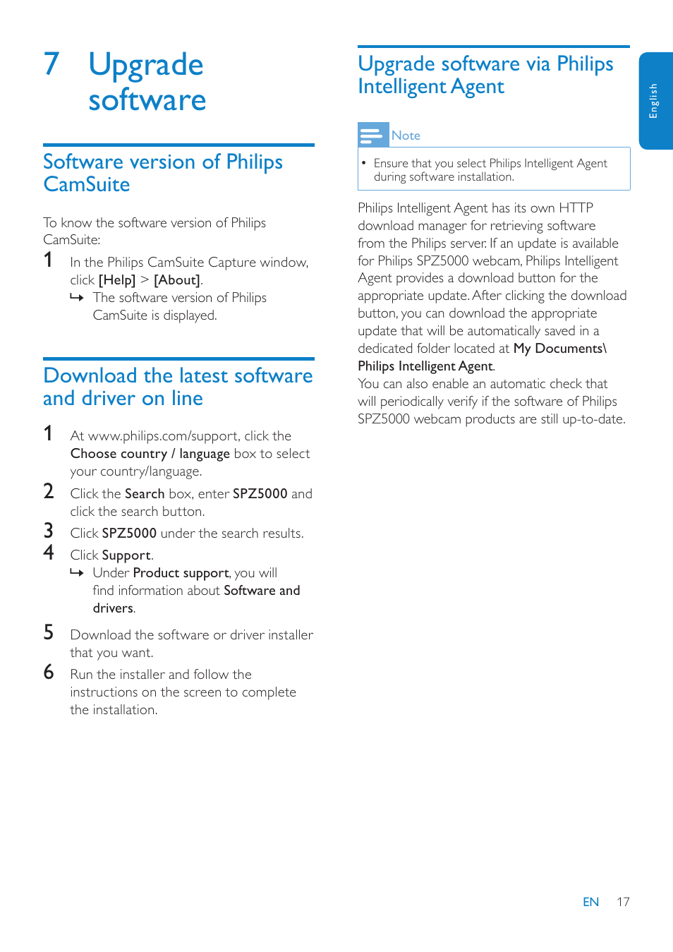 7 upgrade software, Upgrade software via philips intelligent agent, Software version of philips camsuite | Download the latest software and driver on line 1 | Philips SPZ5000 User Manual | Page 18 / 26