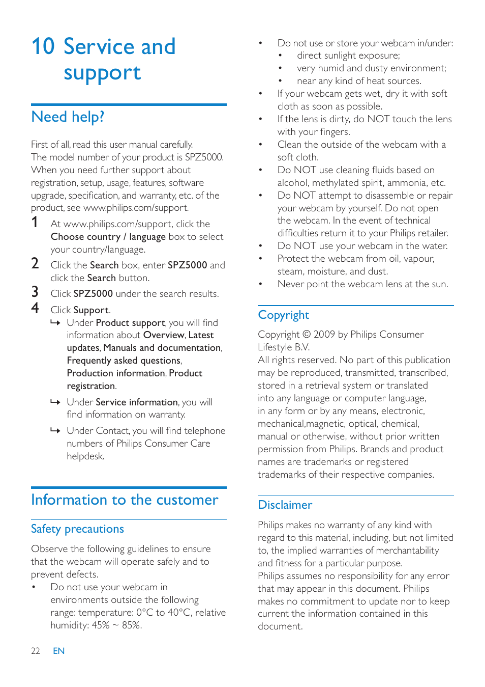 10 service and support, Need help, Information to the customer | Philips SPZ5000 User Manual | Page 23 / 26