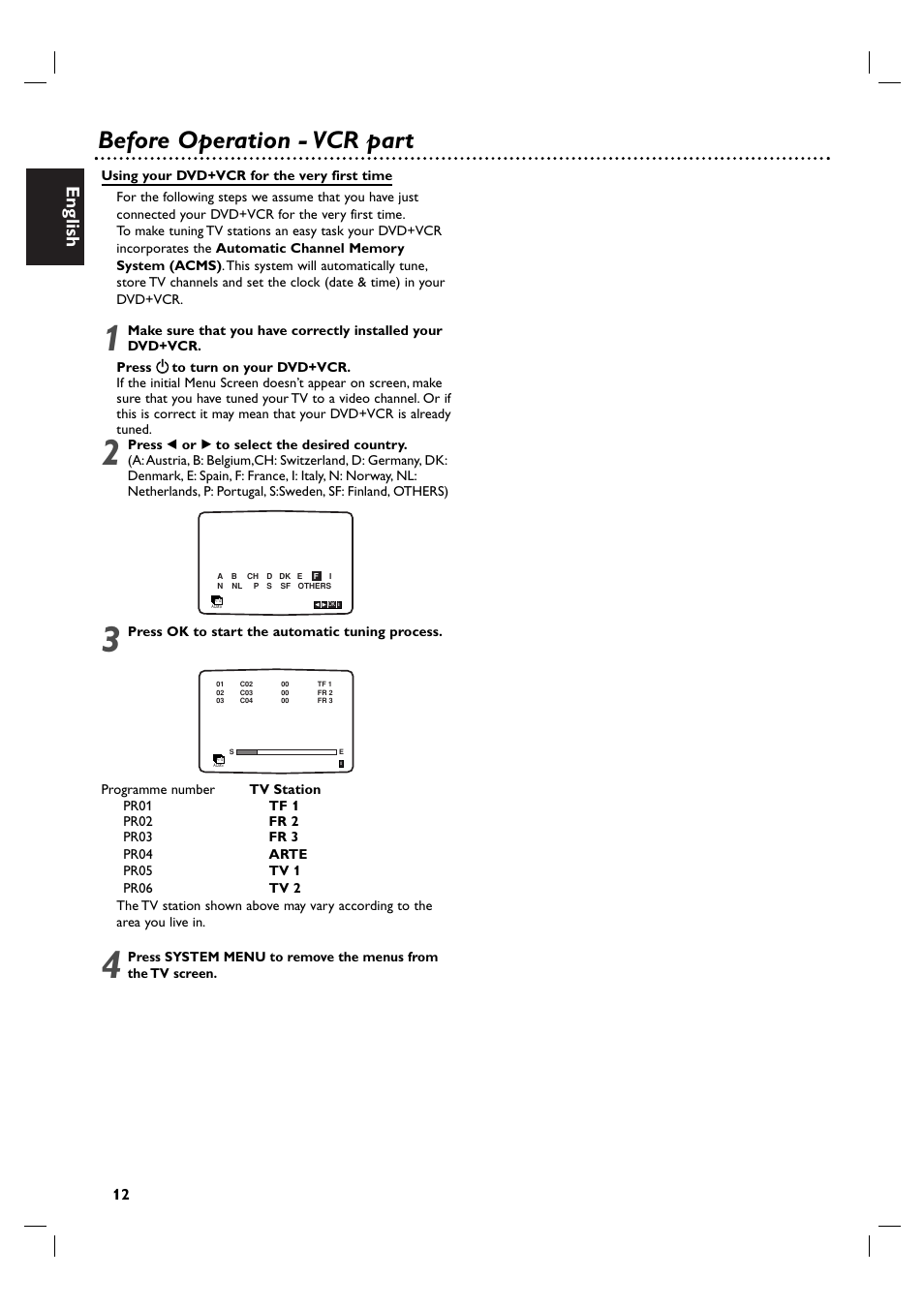 Before operation - vcr part, English | Philips DVP3055V/19 User Manual | Page 12 / 37