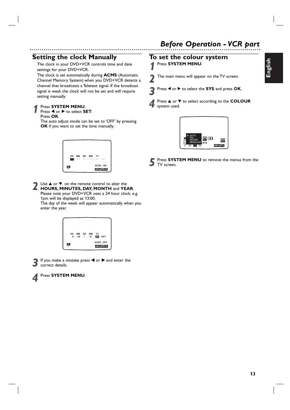 Before operation - vcr part, Setting the clock manually, English | Philips DVP3055V/19 User Manual | Page 13 / 37