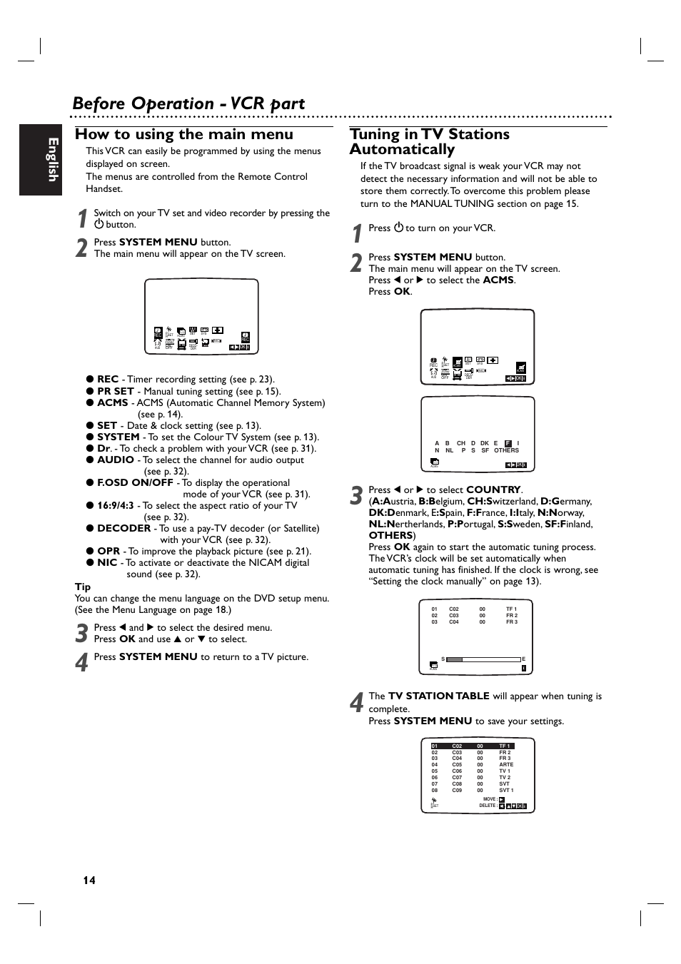 Before operation - vcr part, How to using the main menu, Tuning in tv stations automatically | English, Press system menu to return to a tv picture, Press 1 1 to turn on your vcr | Philips DVP3055V/19 User Manual | Page 14 / 37