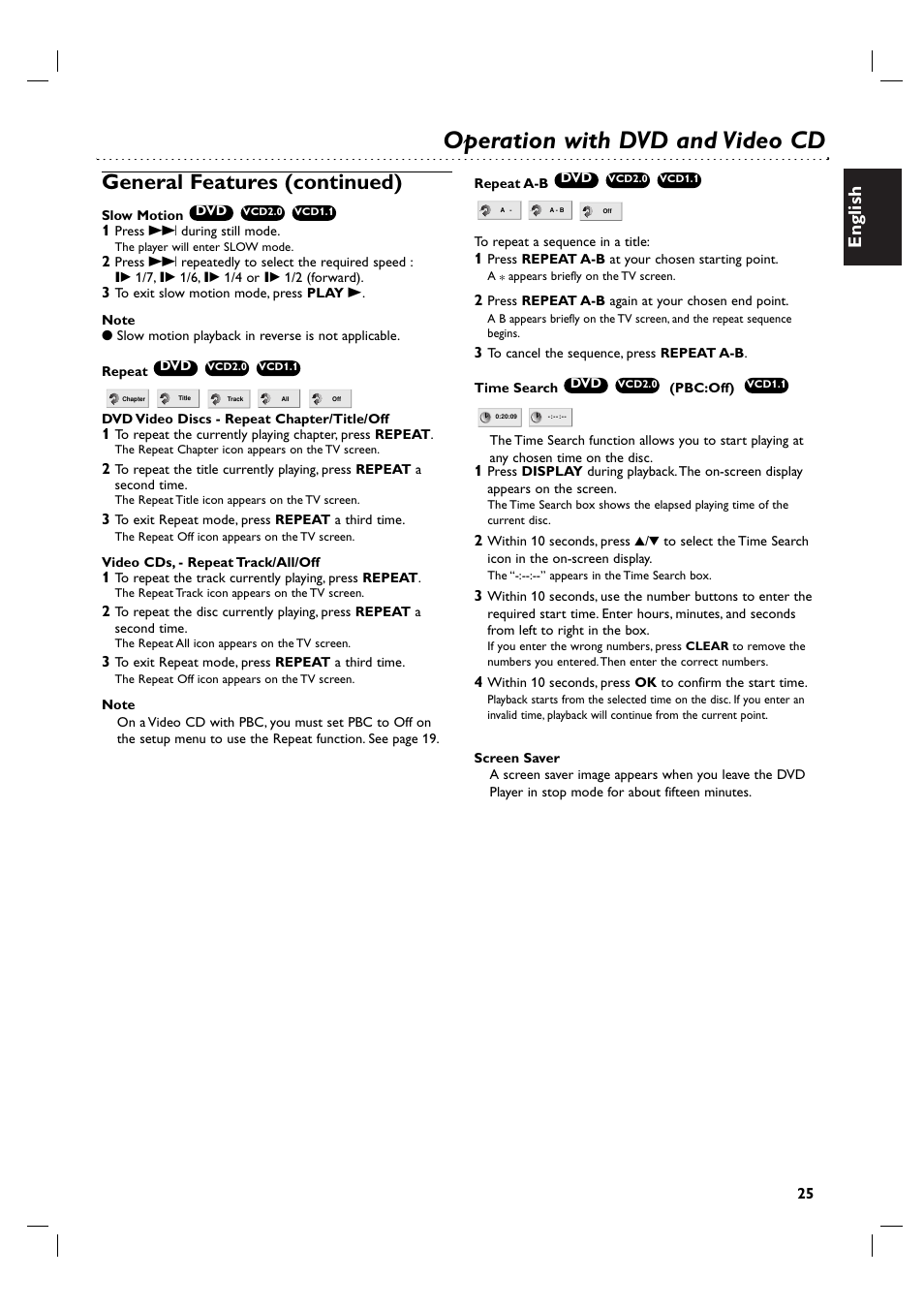 Operation with dvd and video cd, General features (continued), English | Philips DVP3055V/19 User Manual | Page 25 / 37