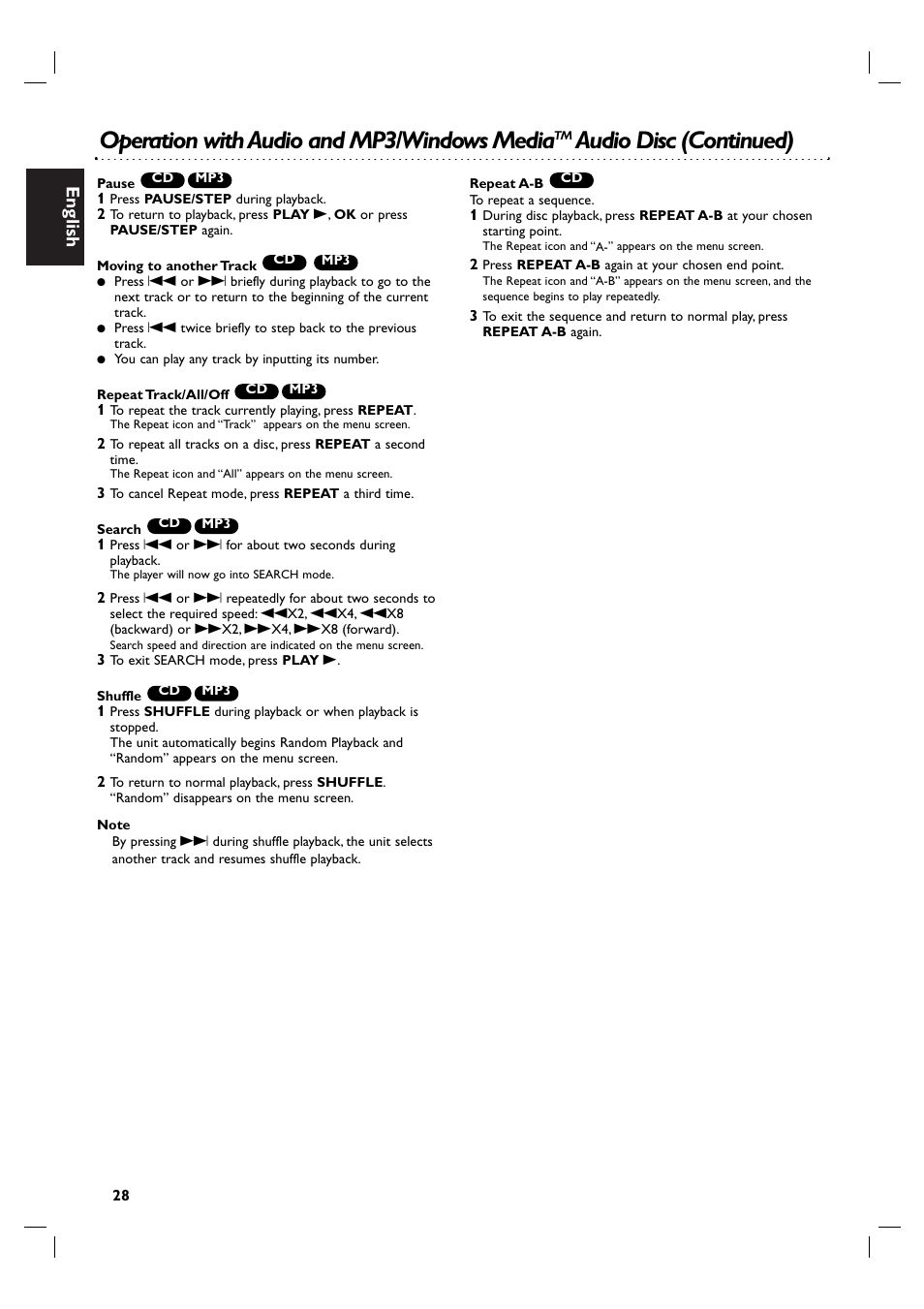 Operation with audio and mp3/windows media, Audio disc (continued), English | Philips DVP3055V/19 User Manual | Page 28 / 37