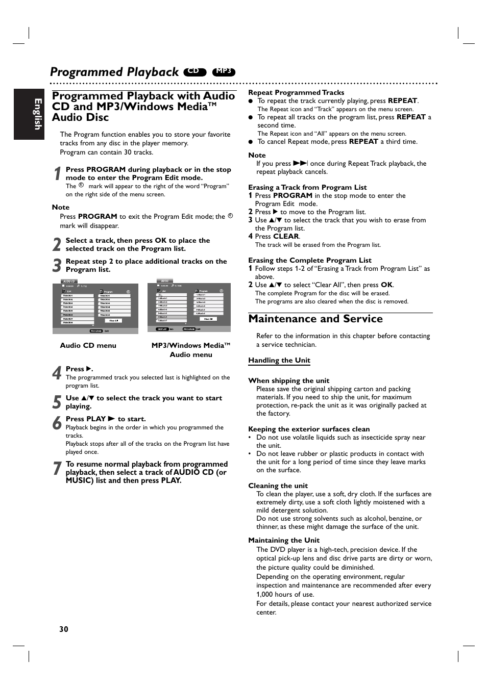 Programmed playback, Audio disc, Maintenance and service | Philips DVP3055V/19 User Manual | Page 30 / 37