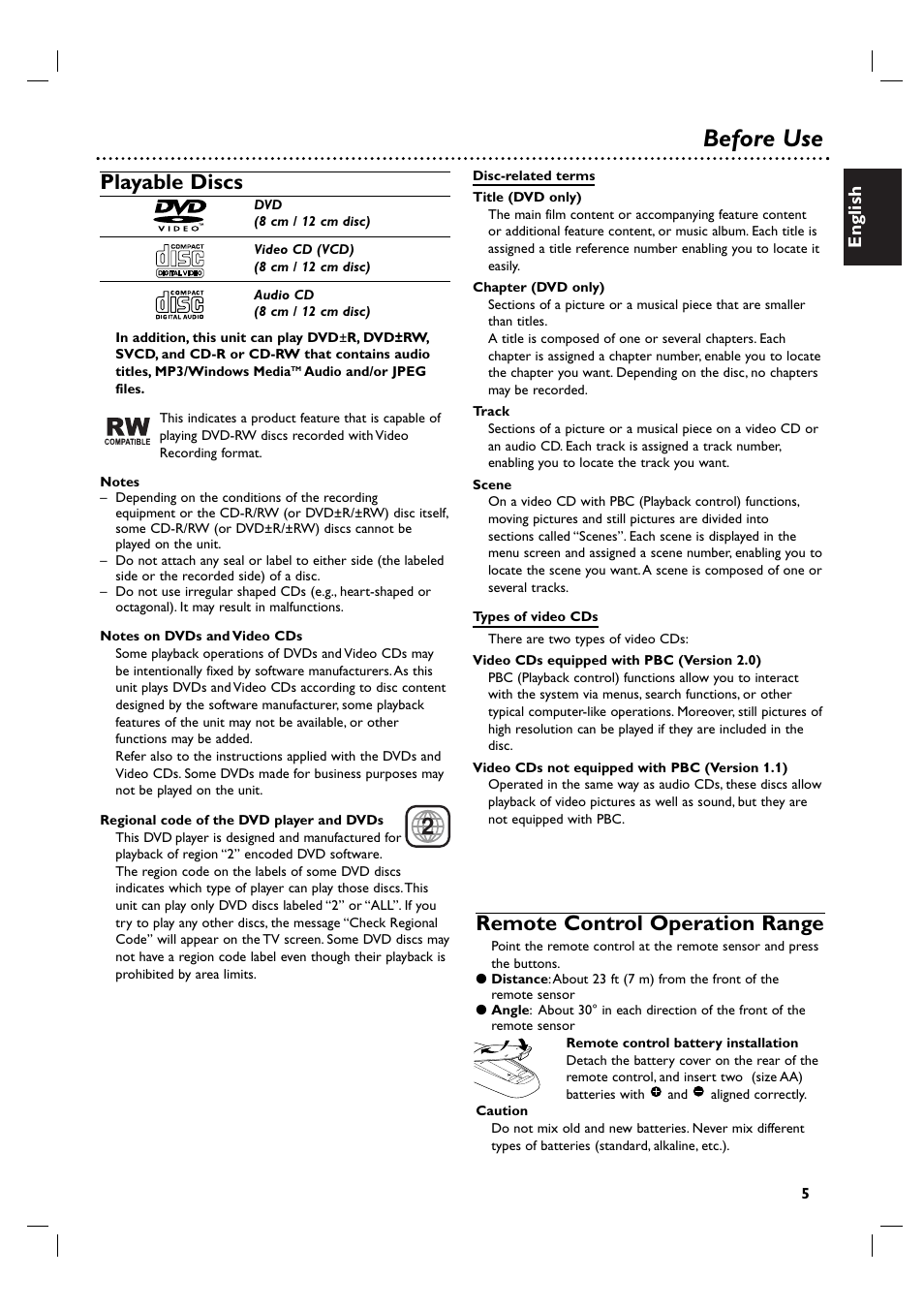 Before use, Playable discs, Remote control operation range | English | Philips DVP3055V/19 User Manual | Page 5 / 37