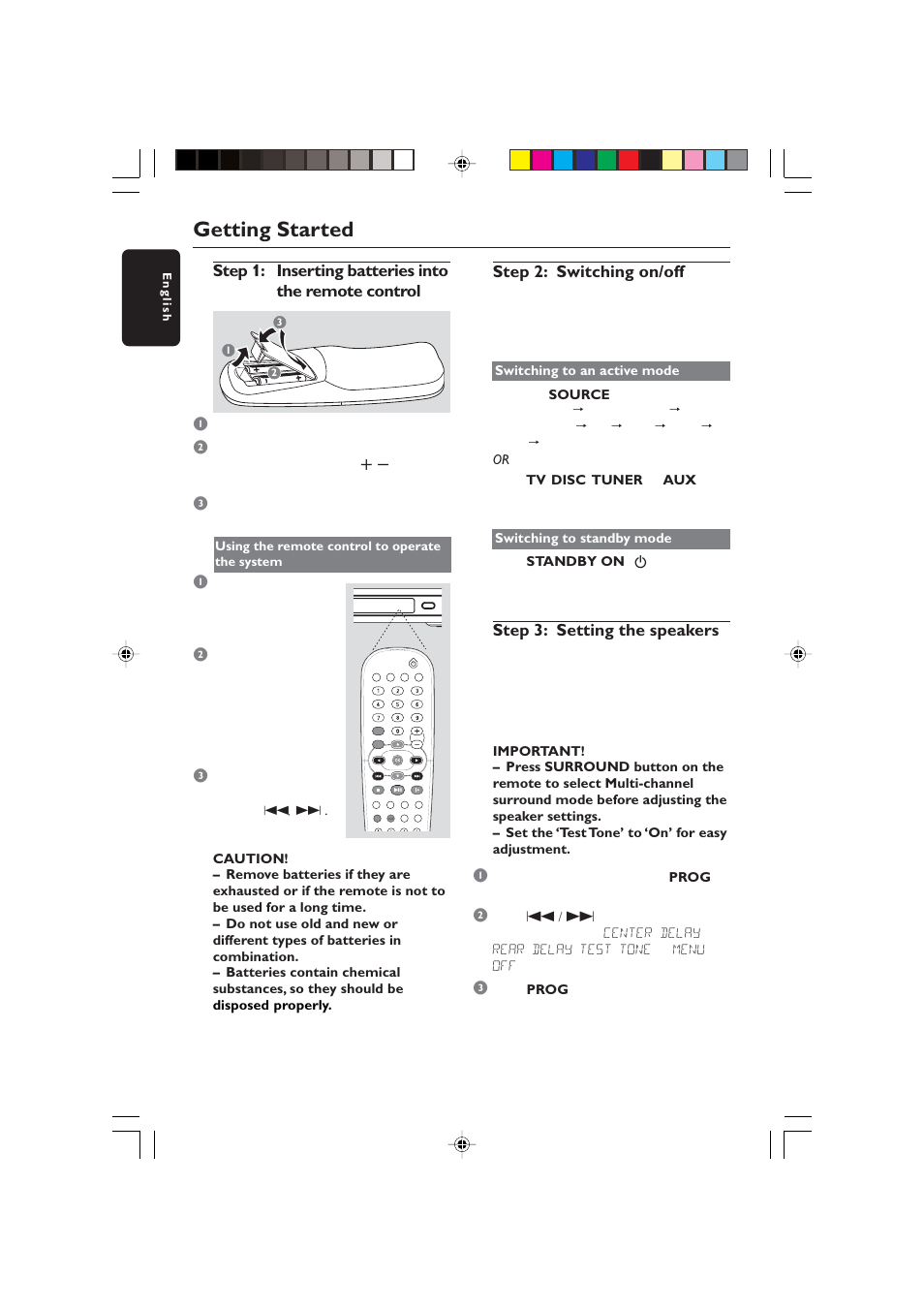 Getting started, Step 2: switching on/off, Step 3: setting the speakers | Philips HTS5700R User Manual | Page 14 / 84