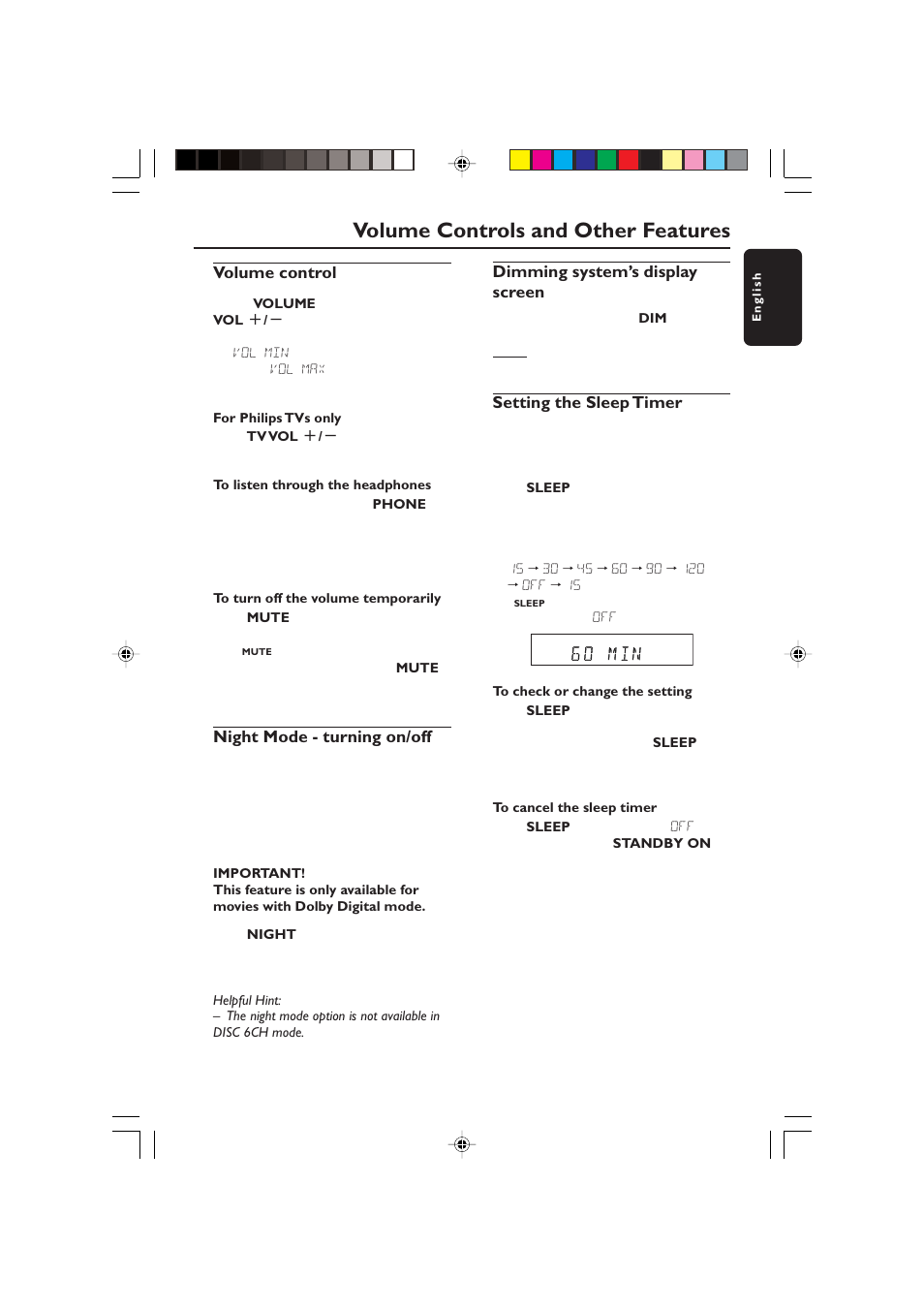 Volume controls and other features, Volume control, Night mode - turning on/off | Dimming system’s display screen, Setting the sleep timer | Philips HTS5700R User Manual | Page 17 / 84