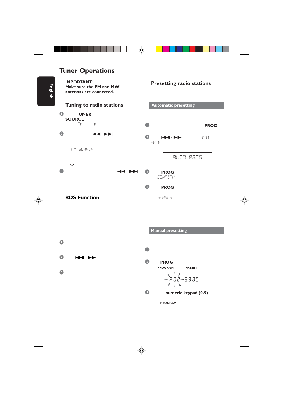 Tuner operations, Auto prog, Tuning to radio stations 1 | Rds function, Presetting radio stations | Philips HTS5700R User Manual | Page 18 / 84