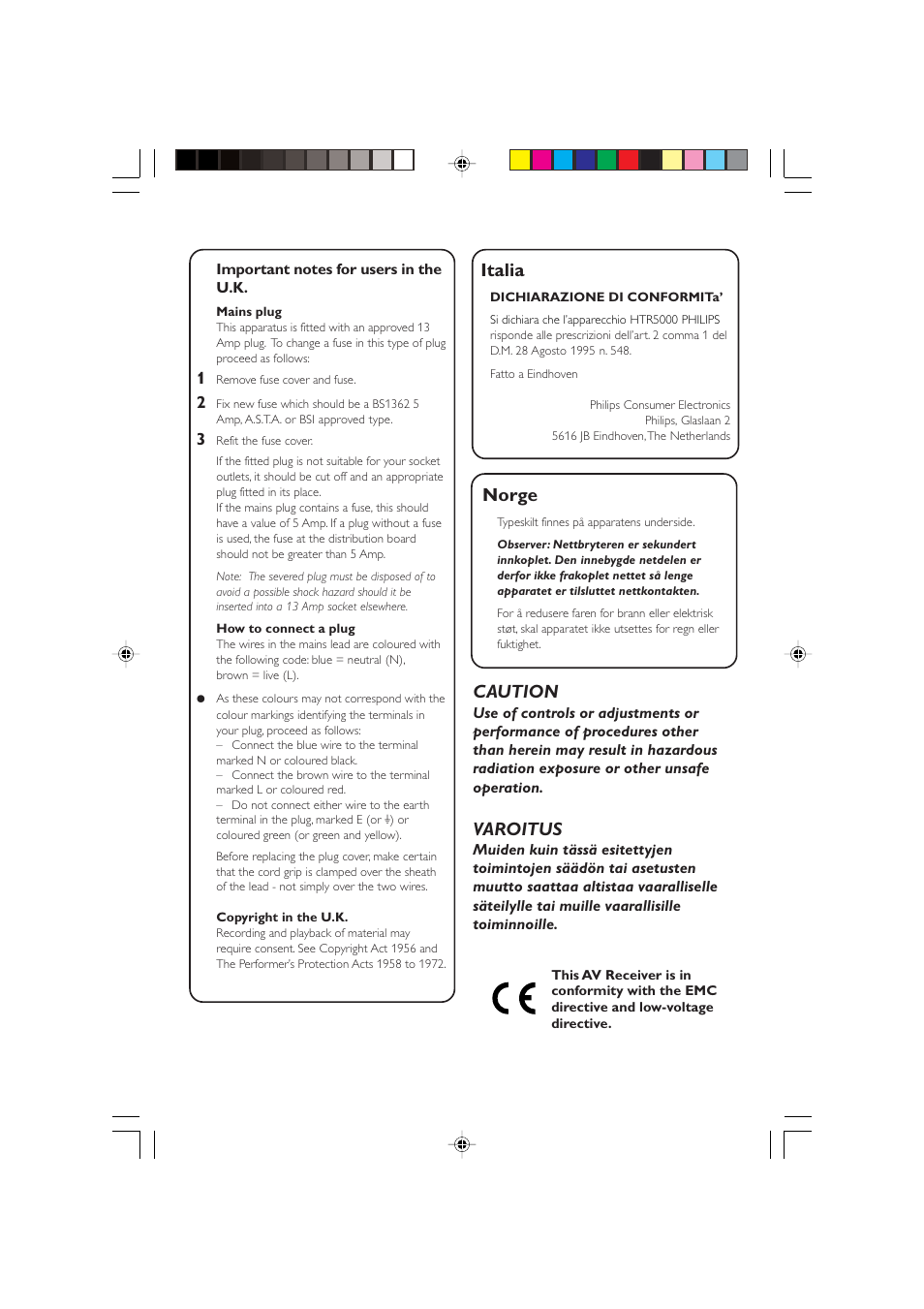 Norge, Italia, Caution | Varoitus | Philips HTS5700R User Manual | Page 2 / 84