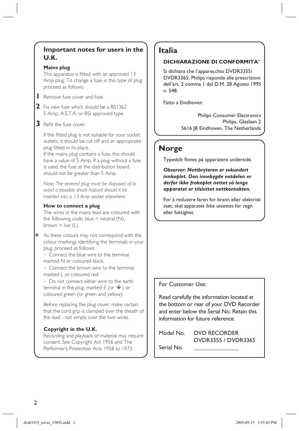 Norge, Italia | Philips HTS5700R User Manual | Page 24 / 84