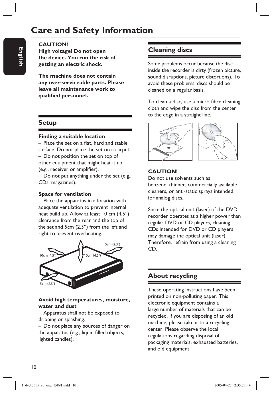 Care and safety information, Setup, Cleaning discs | About recycling | Philips HTS5700R User Manual | Page 32 / 84