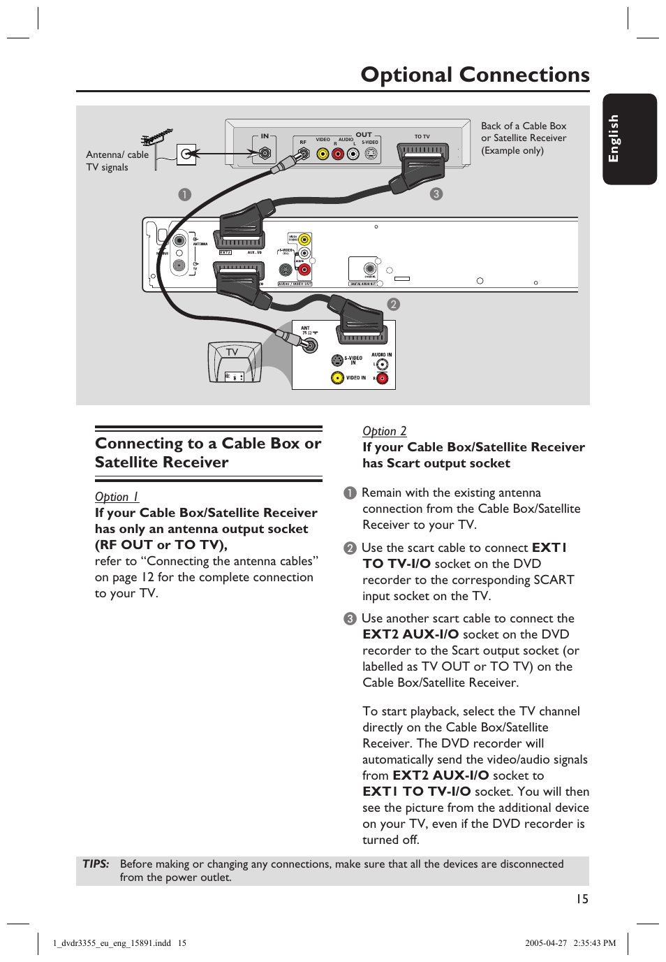 Optional connections, Connecting to a cable box or satellite receiver, Optional connections connecting to a cable box or | Satellite receiver | Philips HTS5700R User Manual | Page 37 / 84