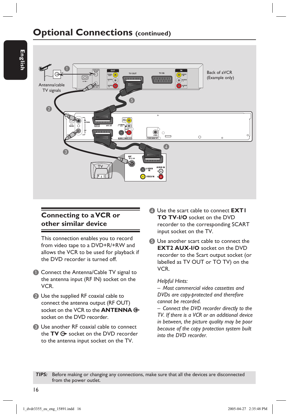 Connecting to a vcr or other similar device, Optional connections, Continued) | En g lis h 16 17, Ab c | Philips HTS5700R User Manual | Page 38 / 84