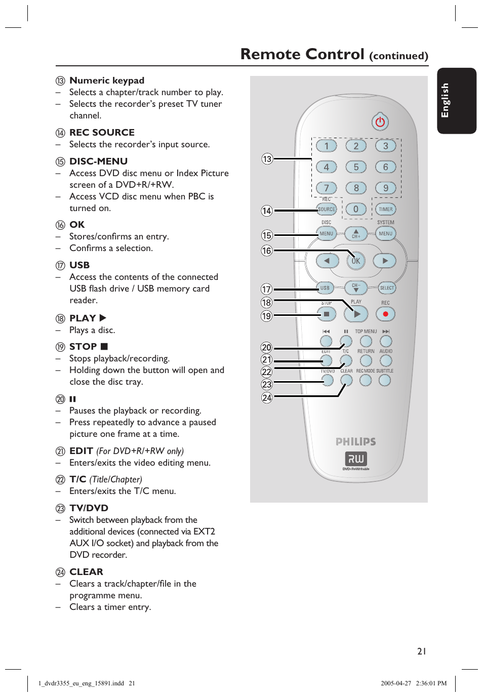 Remote control | Philips HTS5700R User Manual | Page 43 / 84
