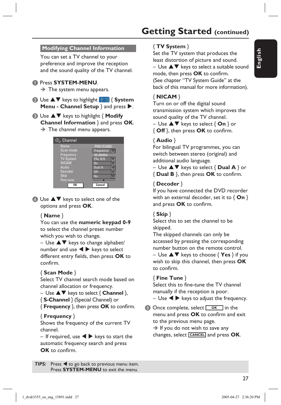 Modifying channel information, Getting started, Step 4: tv channel programming | Continued) | Philips HTS5700R User Manual | Page 49 / 84