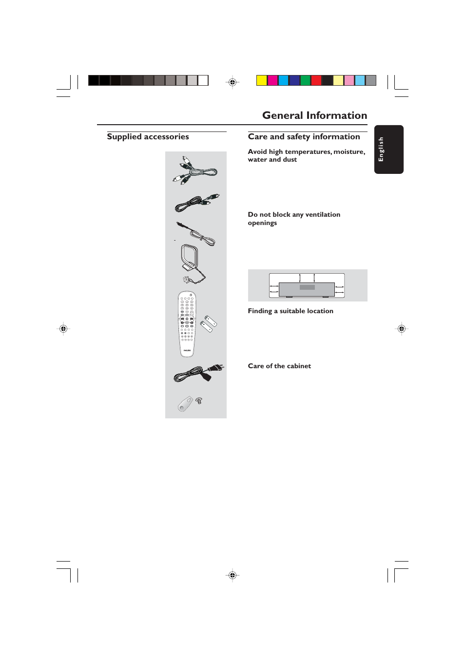 General information, Supplied accessories, Care and safety information | English | Philips HTS5700R User Manual | Page 5 / 84