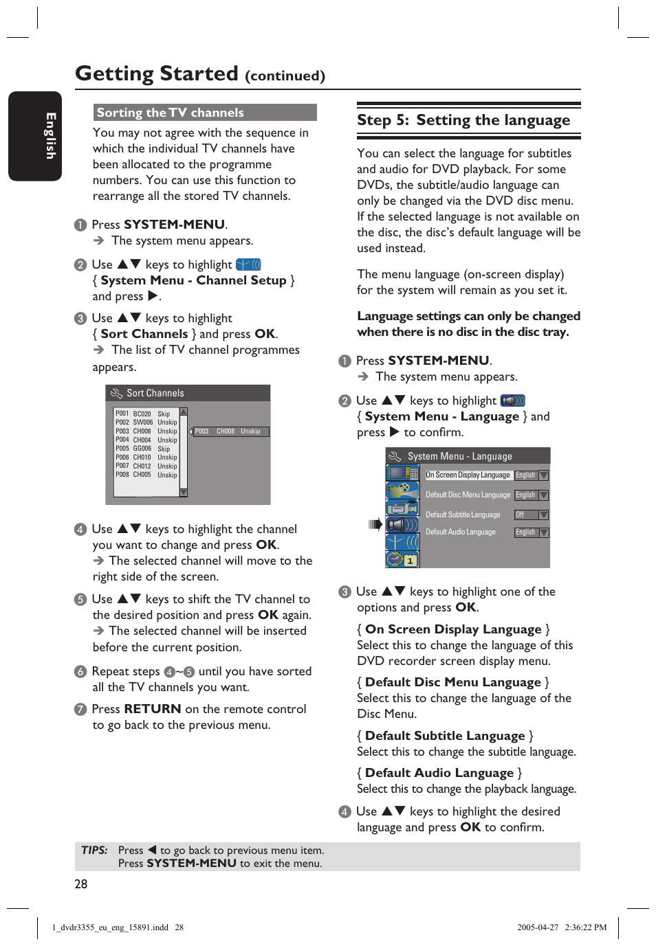 Sorting the tv channels, Step 5: setting the language, Getting started | Continued) | Philips HTS5700R User Manual | Page 50 / 84