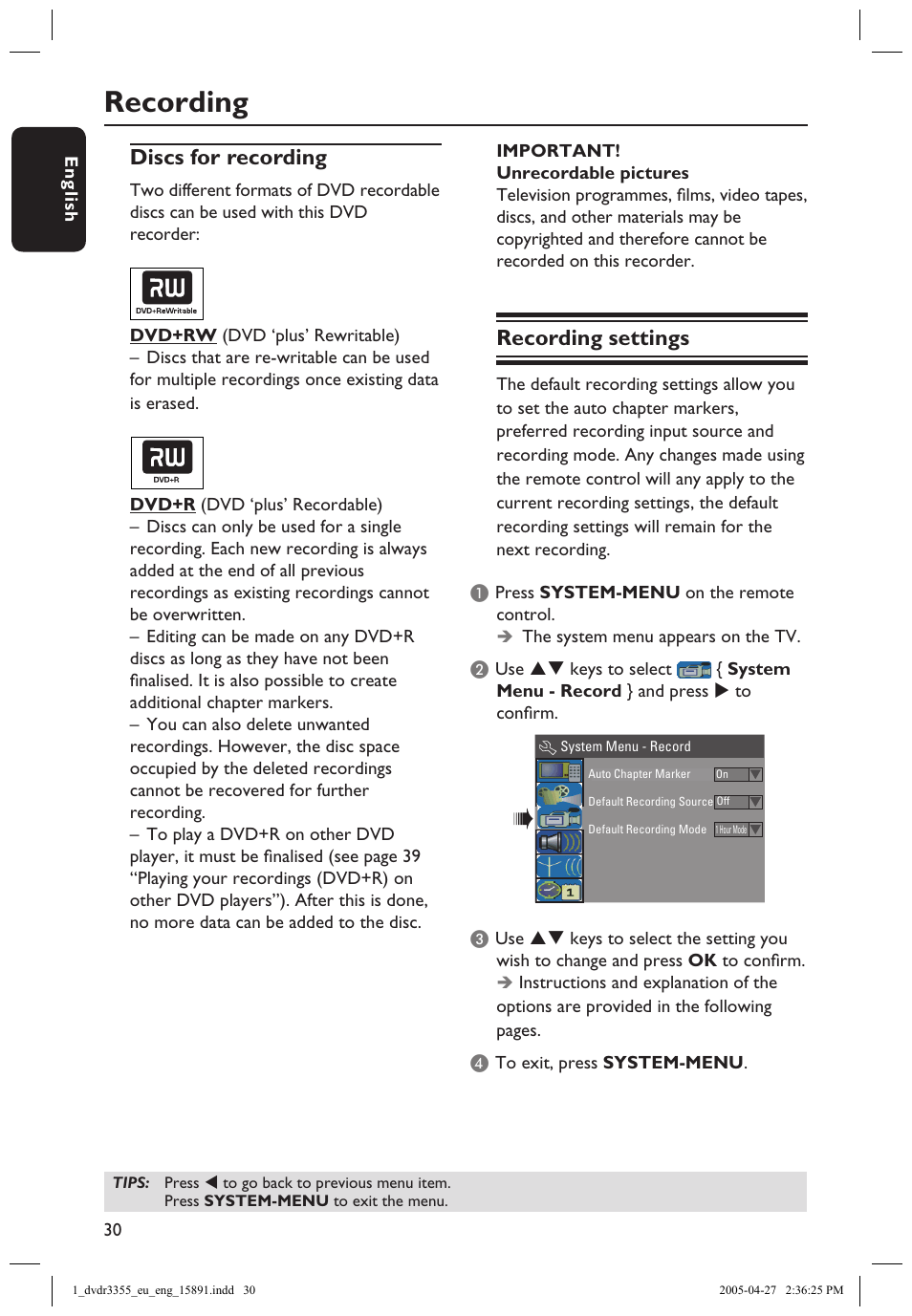 Recording, Discs for recording, Recording settings | Recording discs for recording recording settings | Philips HTS5700R User Manual | Page 52 / 84