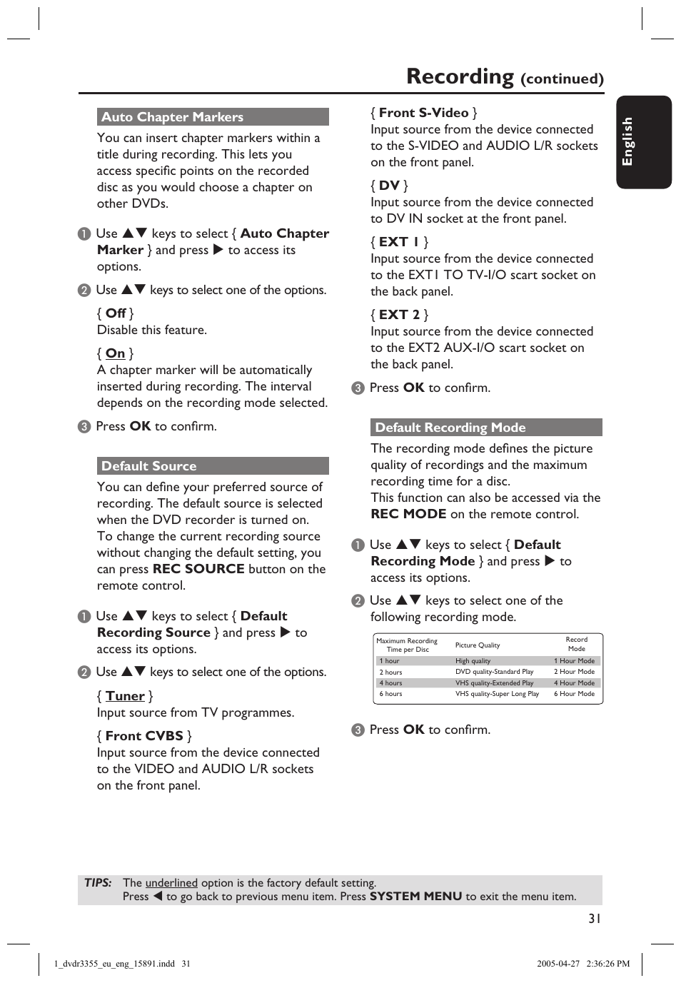 Auto chapter markers, Default source, Default recording mode | Recording, Continued) | Philips HTS5700R User Manual | Page 53 / 84