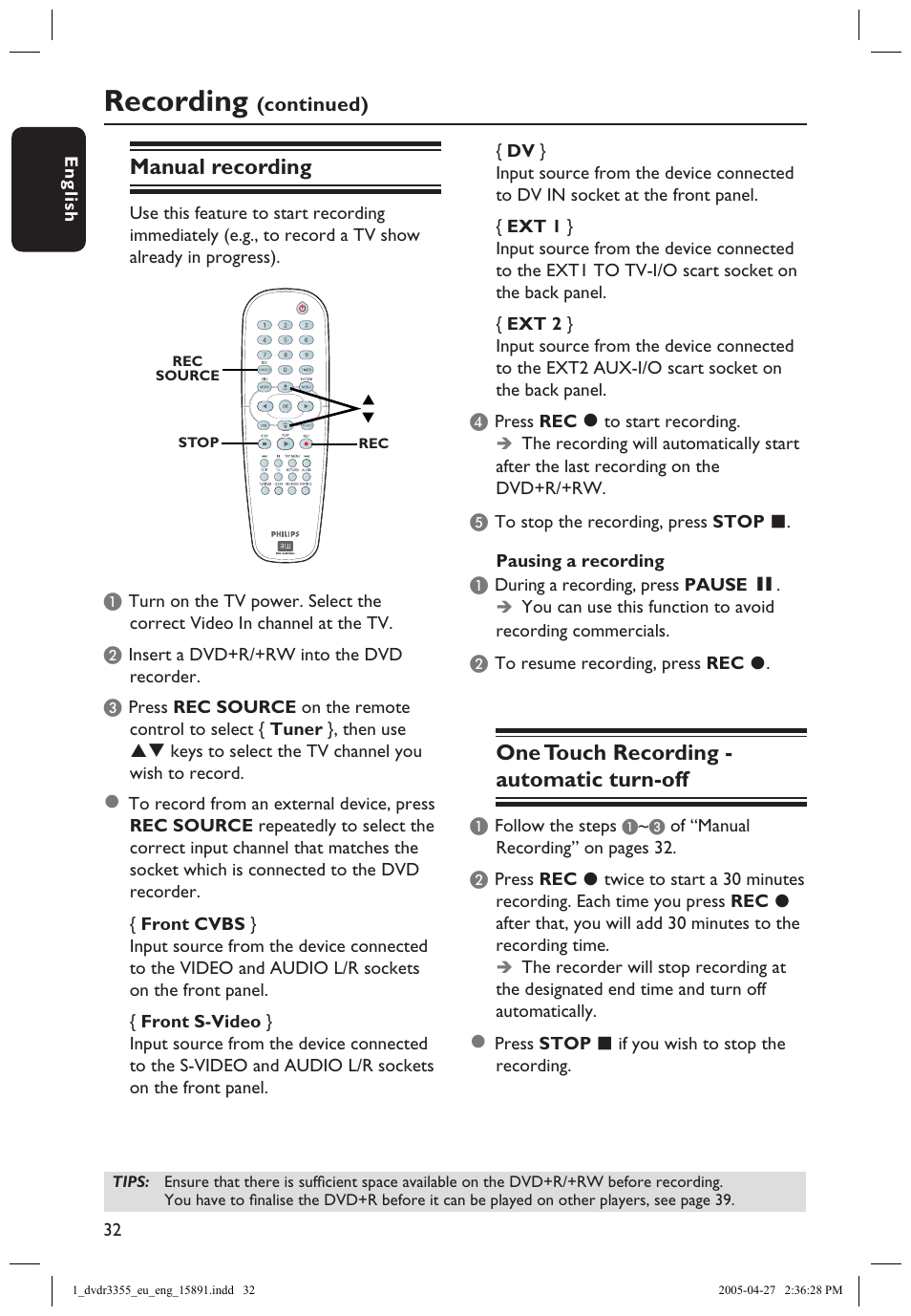 Manual recording, One touch recording - automatic turn-off, Manual recording one touch recording - automatic | Turn-off, Recording | Philips HTS5700R User Manual | Page 54 / 84