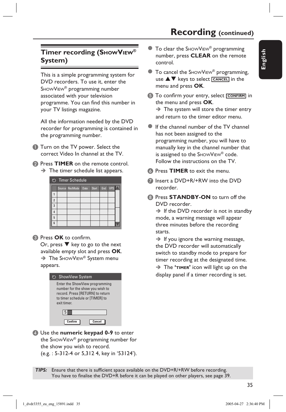 Timer recording (showview® system), Timer recording (s, System) | Recording, Continued) | Philips HTS5700R User Manual | Page 57 / 84