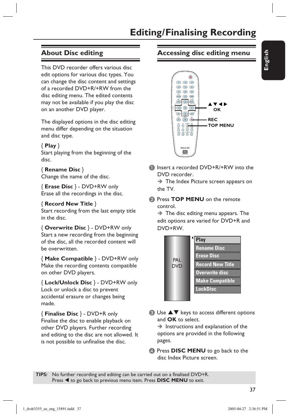 Editing/finalising recording, About disc editing, Accessing disc editing menu | Philips HTS5700R User Manual | Page 59 / 84