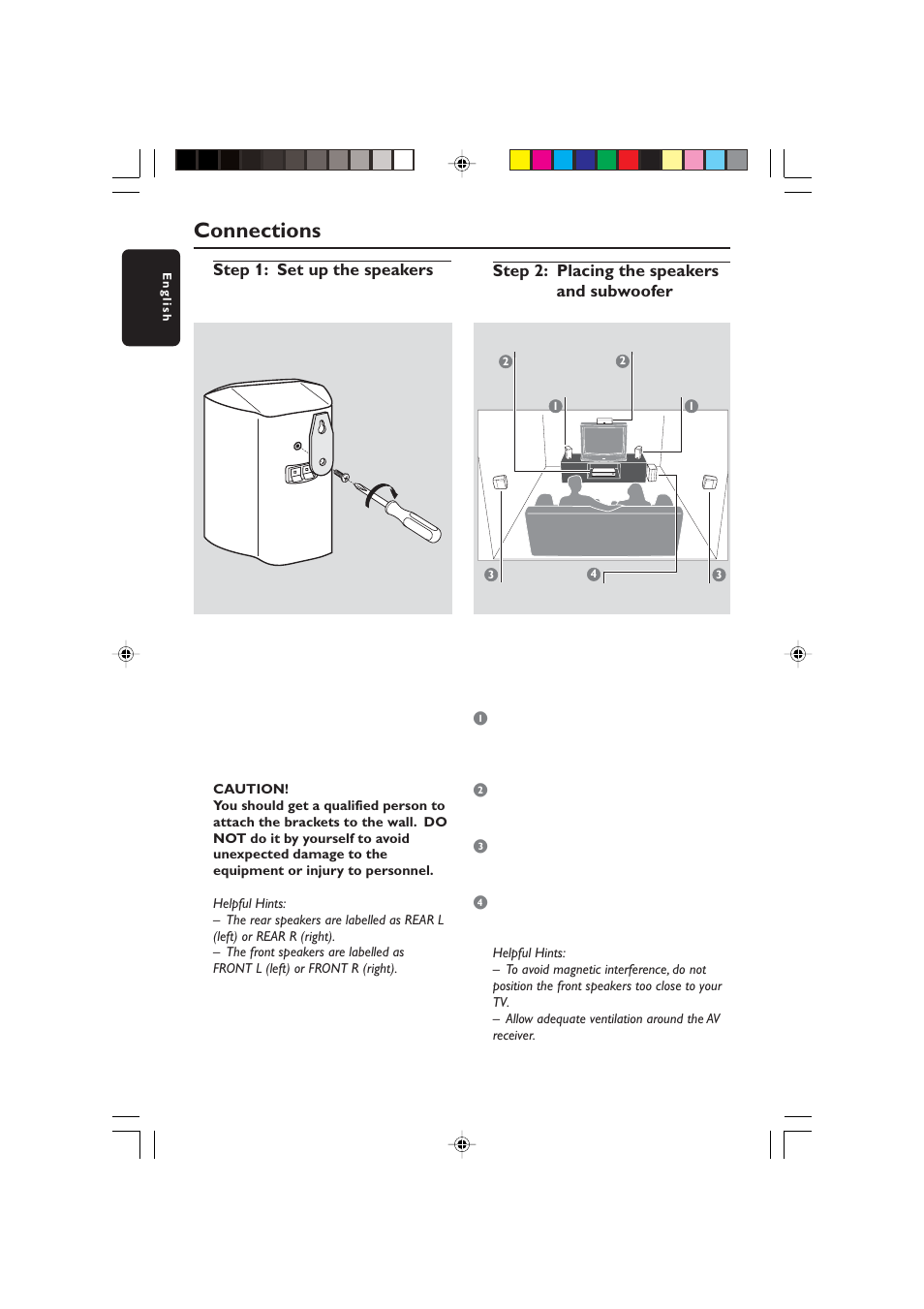 Connections, Step 2: placing the speakers and subwoofer, Step 1: set up the speakers | Philips HTS5700R User Manual | Page 6 / 84