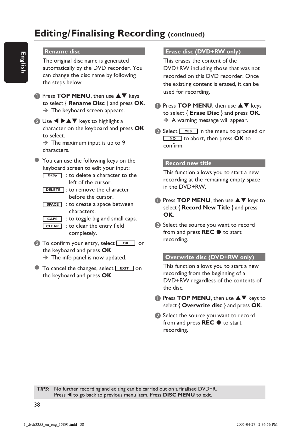 Rename disc, Erase disc (dvd+rw only), Record new title | Overwrite disc (dvd+rw only), Editing/finalising recording | Philips HTS5700R User Manual | Page 60 / 84