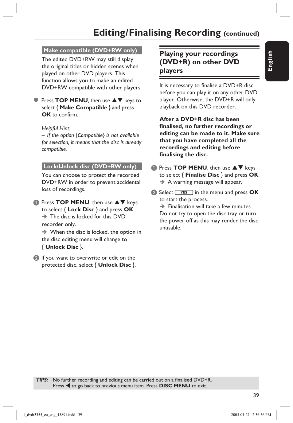 Make compatible (dvd+rw only), Lock/unlock disc (dvd+rw only), Editing/finalising recording | Philips HTS5700R User Manual | Page 61 / 84