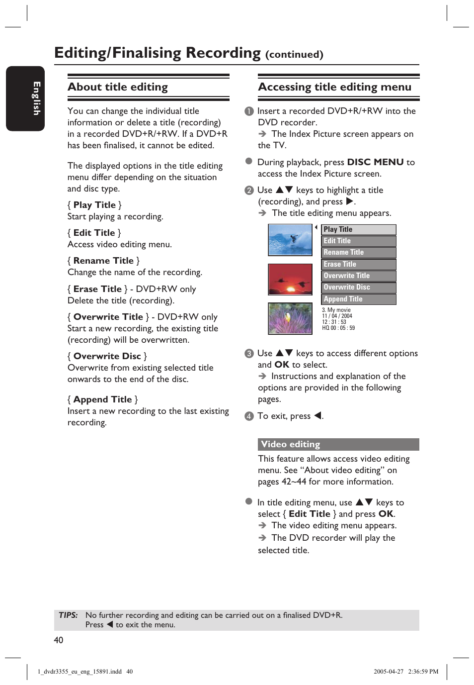 About title editing, Accessing title editing menu, Video editing | Editing/finalising recording | Philips HTS5700R User Manual | Page 62 / 84