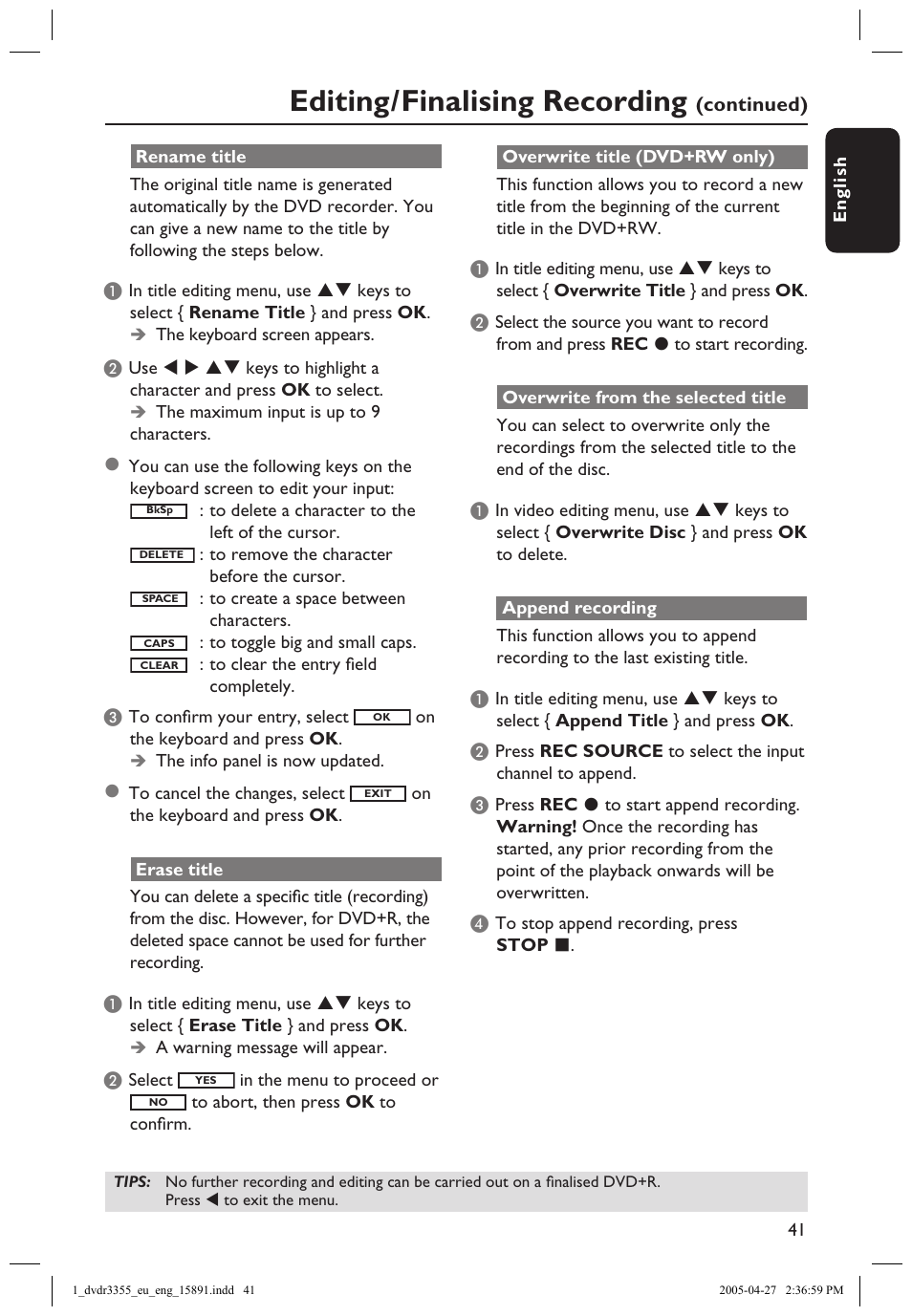 Rename title, Erase title, Overwrite title (dvd+rw only) | Overwrite from the selected title, Append recording, Editing/finalising recording | Philips HTS5700R User Manual | Page 63 / 84