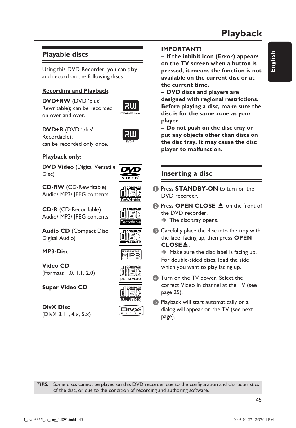 Playback, Playable discs, Inserting a disc | Playback playable discs inserting a disc | Philips HTS5700R User Manual | Page 67 / 84