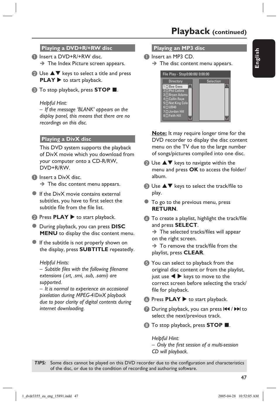 Playing a dvd+r/+rw disc, Playing a divx disc, Playing an mp3 disc | Playback | Philips HTS5700R User Manual | Page 69 / 84