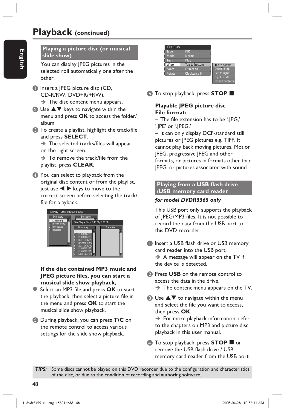 Playing a picture disc (or musical slide show), Playback, Continued) | En g lis h 48 49, Fto stop playback, press stop | Philips HTS5700R User Manual | Page 70 / 84