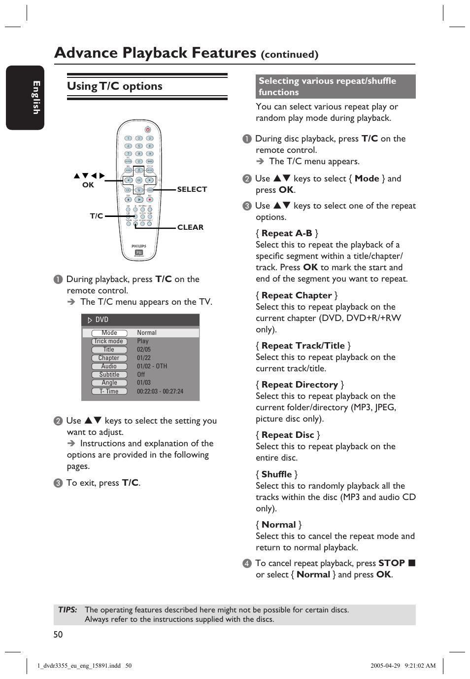 Using t/c options, Selecting various repeat/shuffle functions, Selecting various repeat/shufﬂe functions | Advance playback features | Philips HTS5700R User Manual | Page 72 / 84