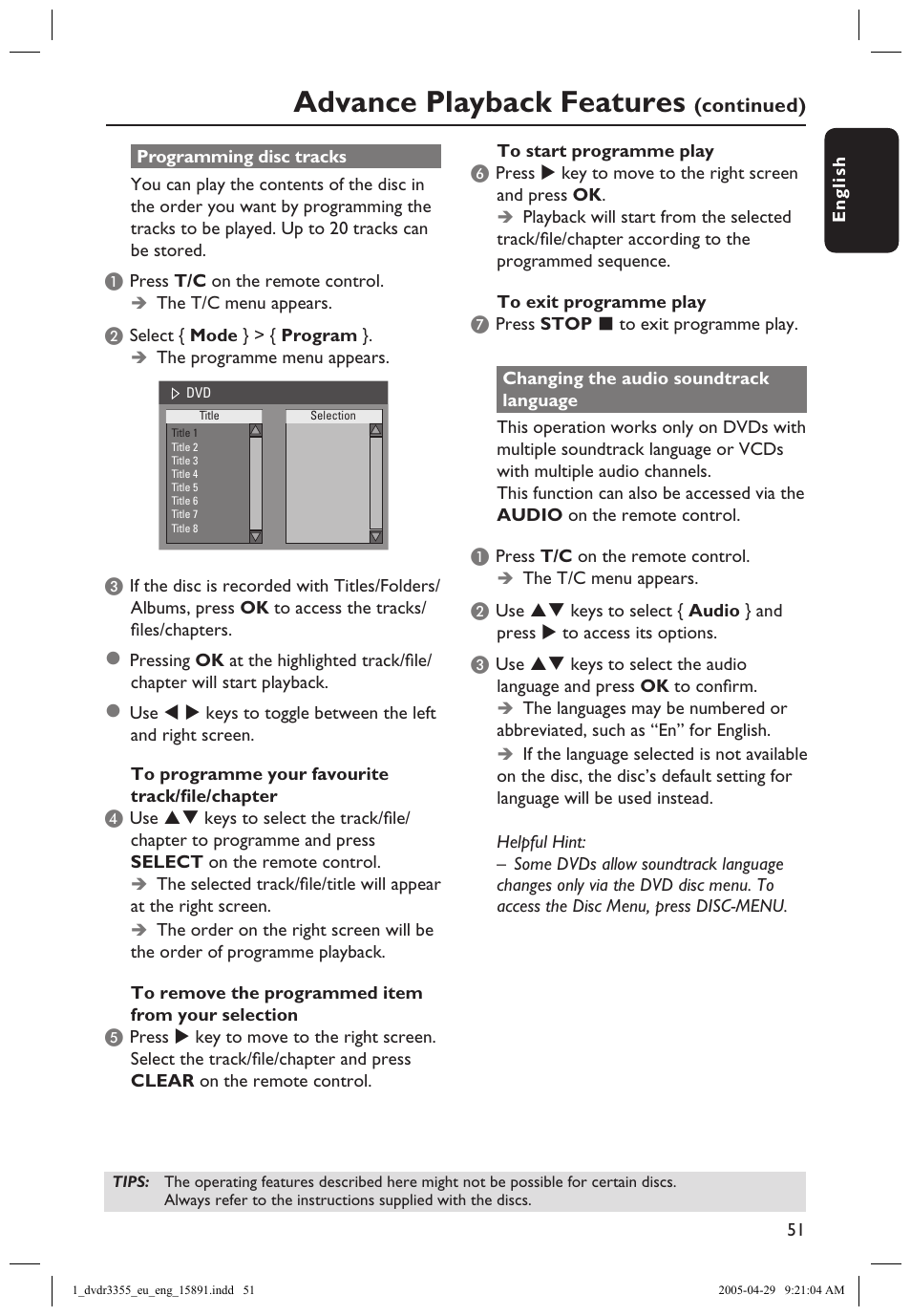 Programming disc tracks, Changing the audio soundtrack language, Language | Advance playback features | Philips HTS5700R User Manual | Page 73 / 84