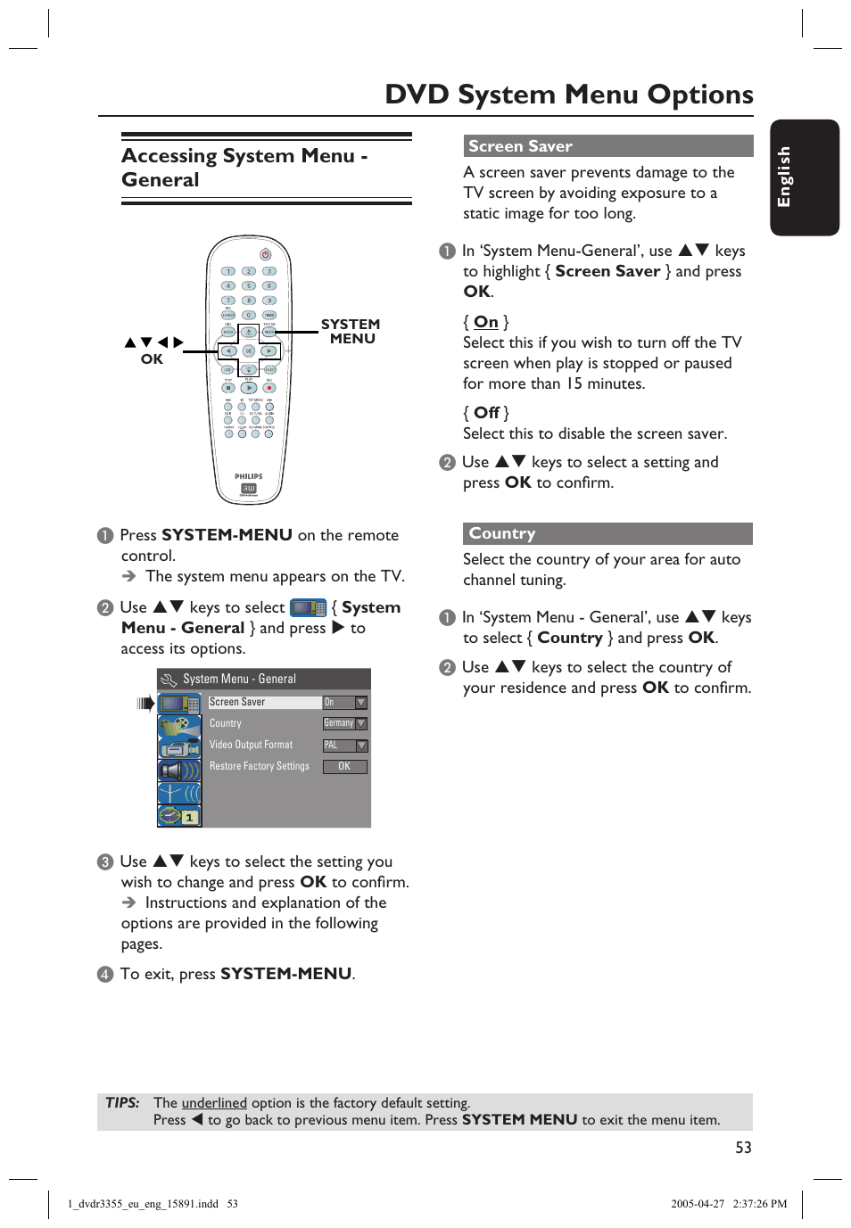 Dvd system menu options, Accessing system menu - general, Screen saver | Country, Screen saver country | Philips HTS5700R User Manual | Page 75 / 84