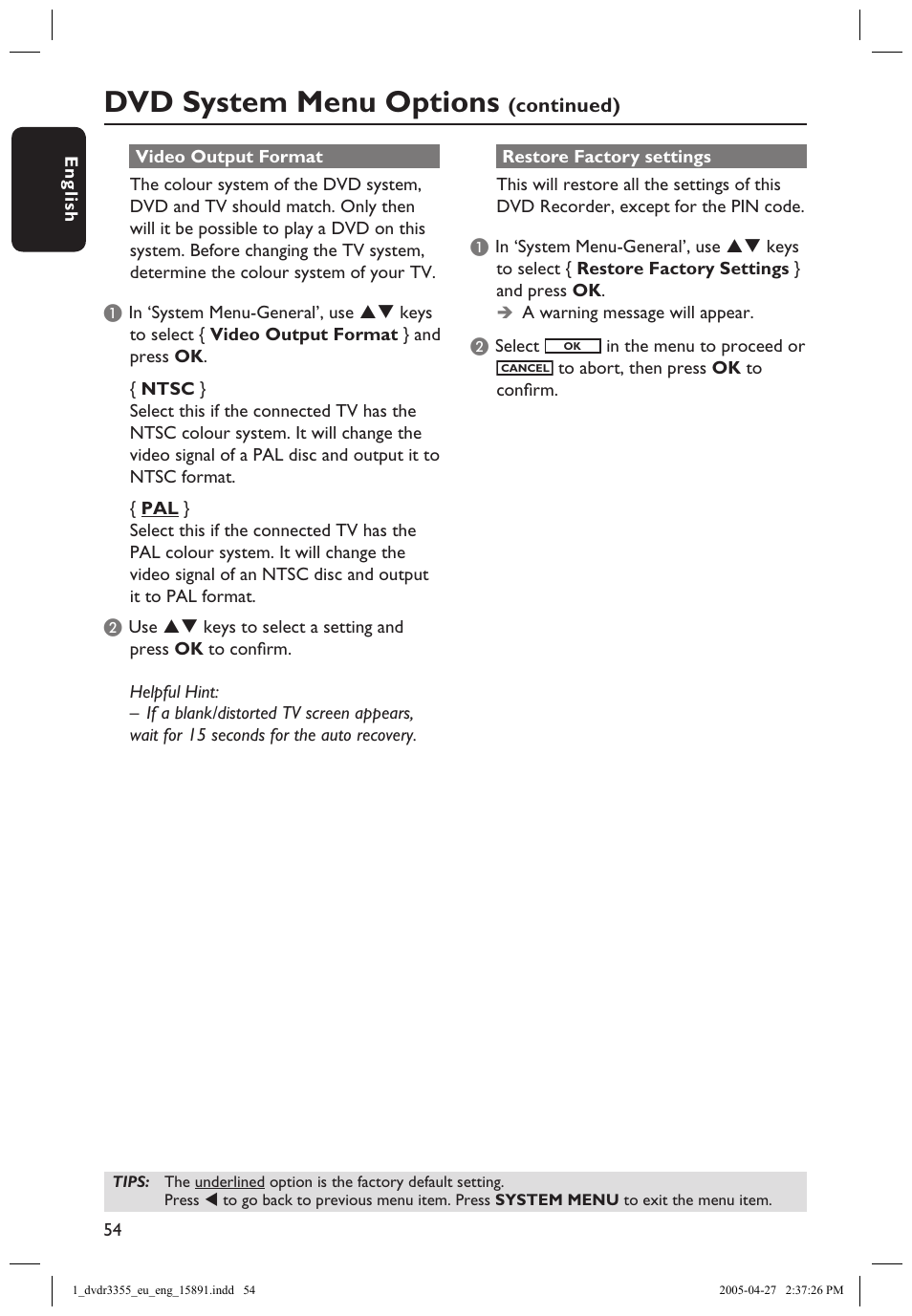 Video output format, Restore factory settings, Video output format restore factory settings | Dvd system menu options | Philips HTS5700R User Manual | Page 76 / 84