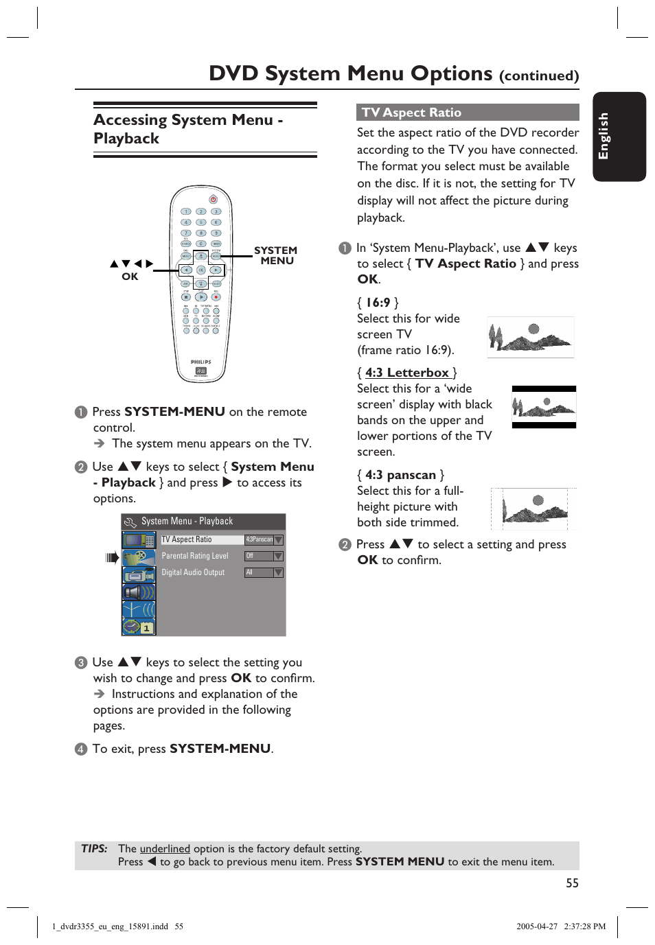 Accessing system menu -playback, Tv aspect ratio, Dvd system menu options | Accessing system menu - playback | Philips HTS5700R User Manual | Page 77 / 84
