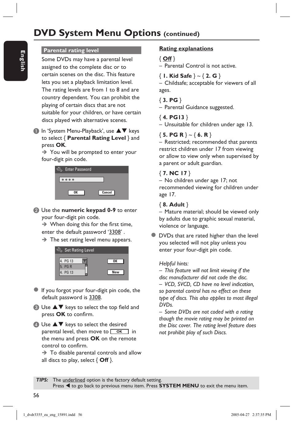 Parental rating level, Dvd system menu options, Continued) | Philips HTS5700R User Manual | Page 78 / 84