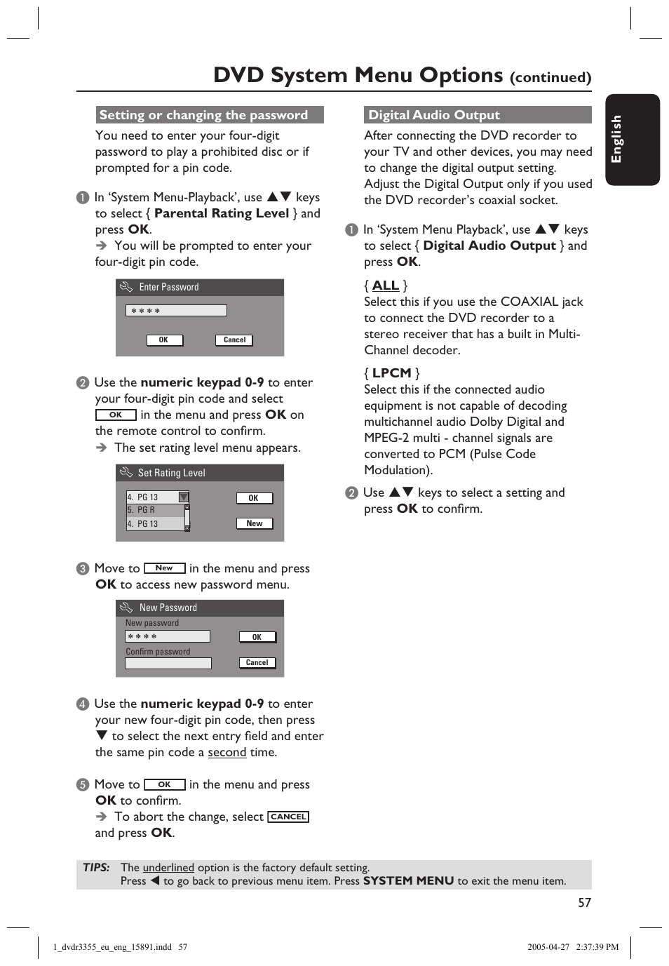 Setting or changing the password, Digital audio output, Dvd system menu options | Continued) | Philips HTS5700R User Manual | Page 79 / 84