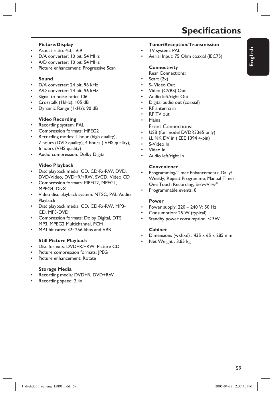Specifications, Speciﬁcations, Dvd system menu options | Continued) | Philips HTS5700R User Manual | Page 81 / 84