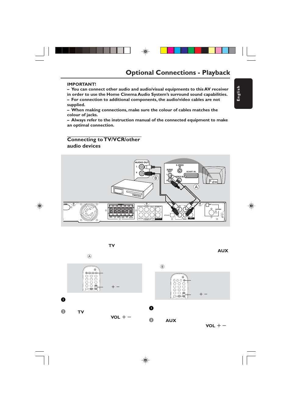 Optional connections - playback, Connecting to tv/vcr/other audio devices, Before starting operation | Start playing back the connected source as usual, Vcr/cd/tape player (for example), English, Tv vol, Aux vol, Audio out s-video in video in scart in | Philips HTS5700R User Manual | Page 9 / 84