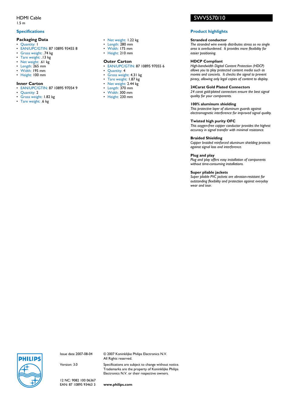 Philips HDMI Cable SWV5570 User Manual | Page 2 / 2