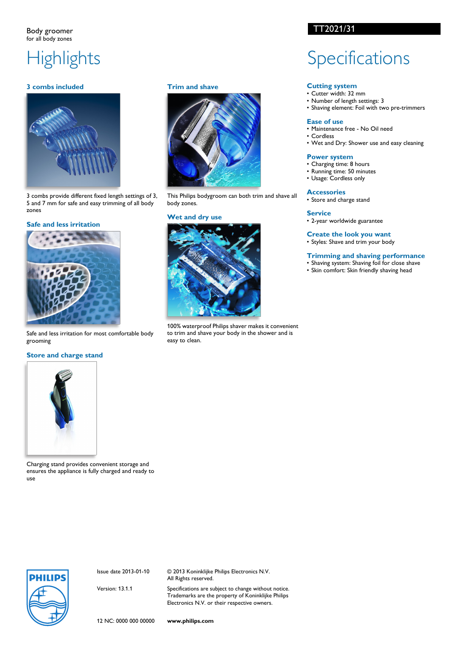 Highlights, Specifications | Philips TT2021 User Manual | Page 2 / 2