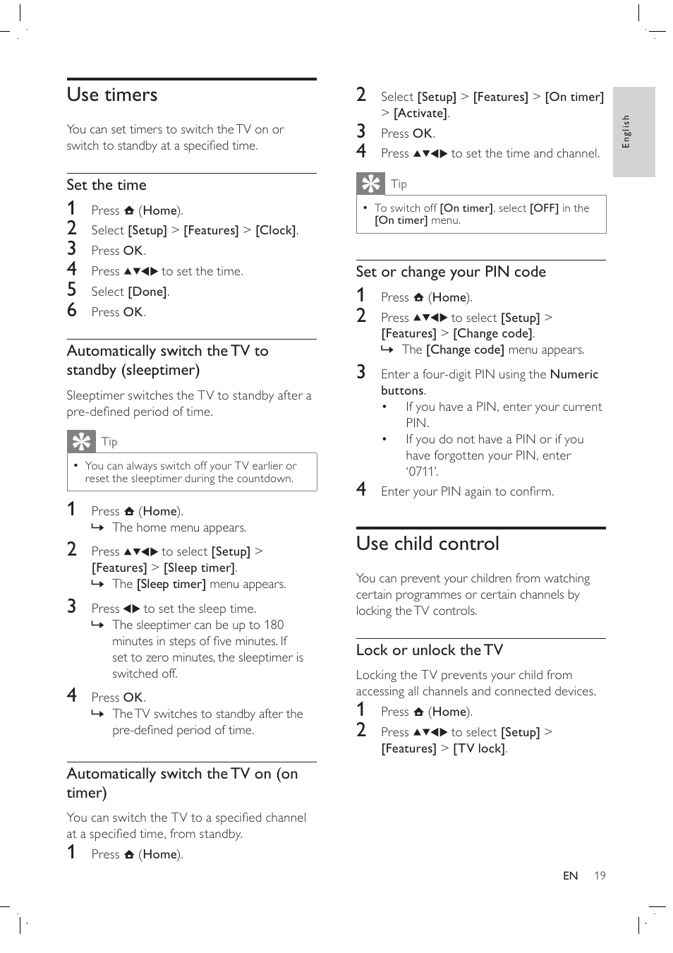 Use child control, Use timers | Philips 42PFL7409D/30 User Manual | Page 21 / 38