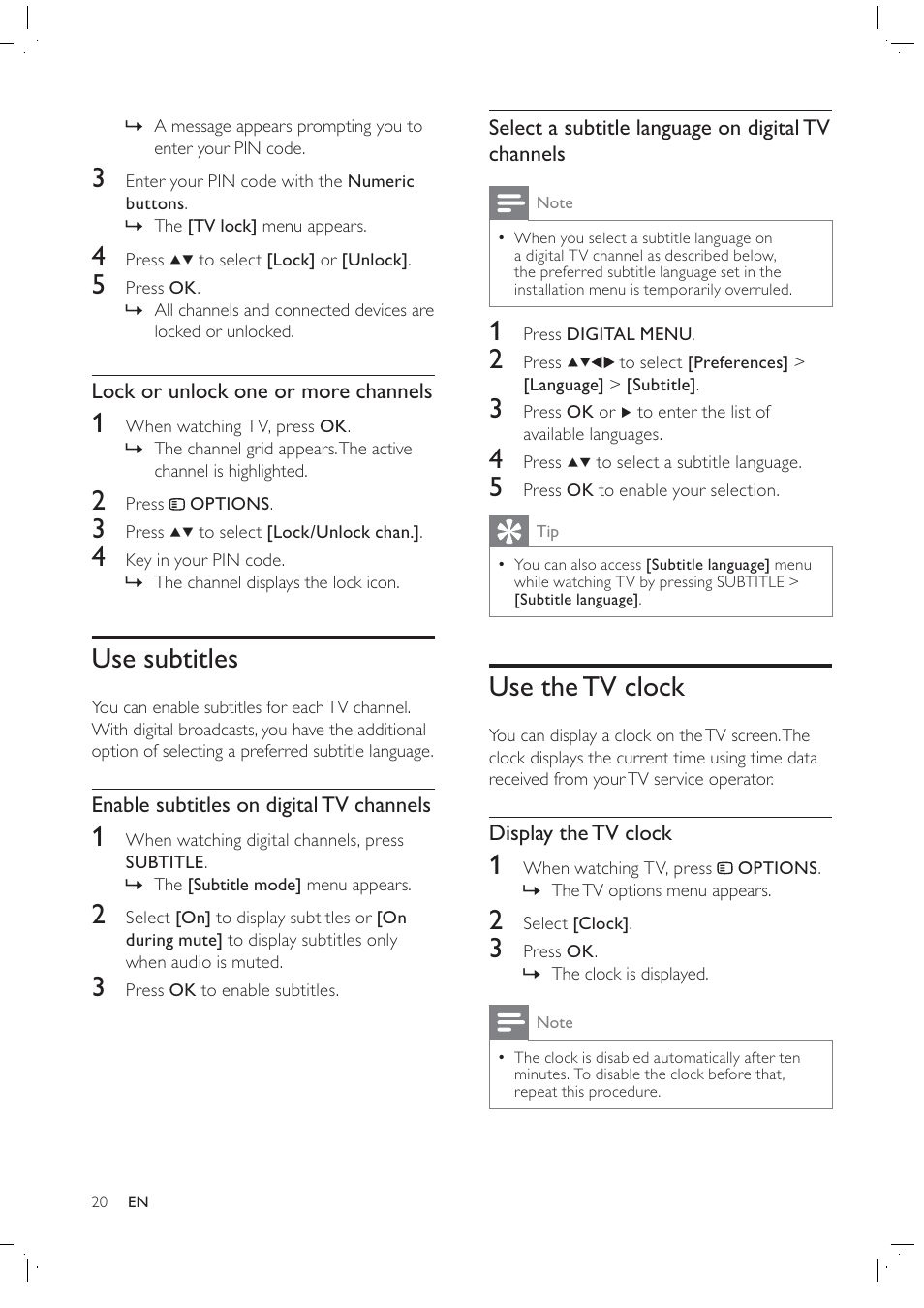 Use the tv clock, Use subtitles | Philips 42PFL7409D/30 User Manual | Page 22 / 38